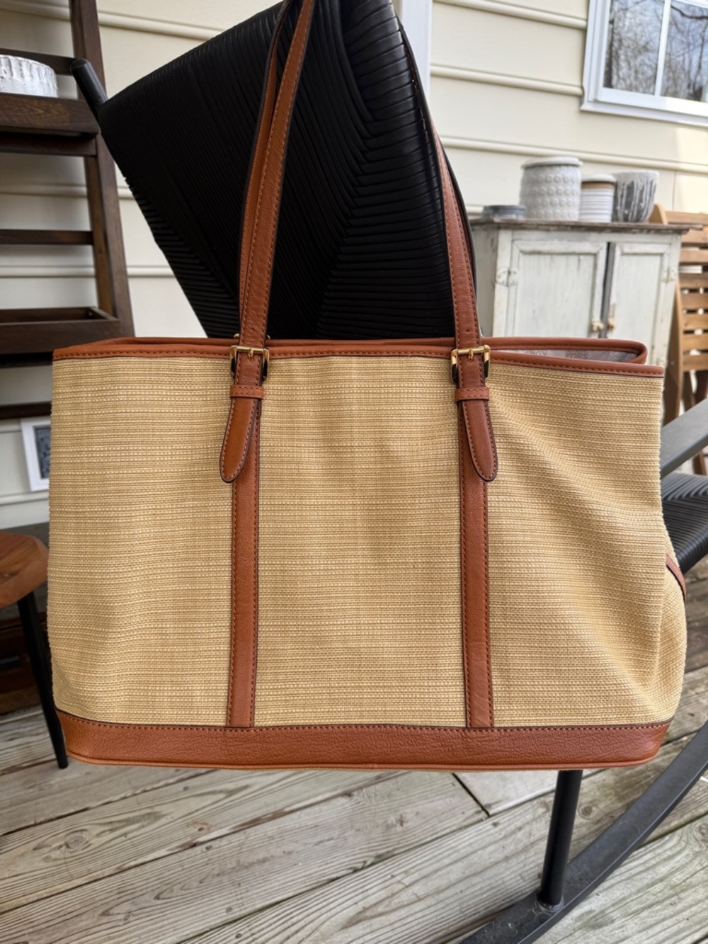 Michael Kors Jet Set Straw and Leather Weekender Tote Bag